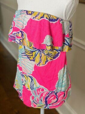 Lilly Pulitzer Off Shoulder Top M Pink Tropical Ruffle Cotton Swept by the Tides